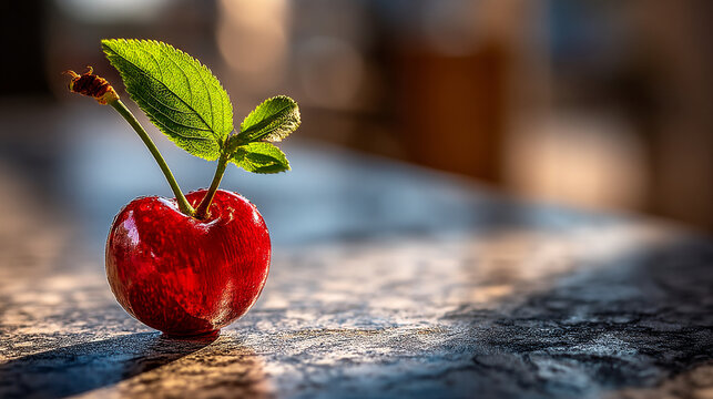 Fresh single red cherry with green leaves and water drops on a rustic wooden table
