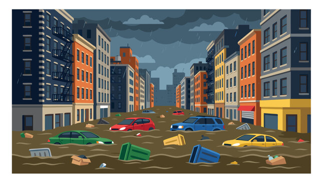 Flat Vector Illustration of a Flooded City Street with Submerged Cars and Floating Debris Under a Dark Stormy Sky; Urban Disaster Scene Depicting Climate Change, Heavy Rain, and Flash Flooding.