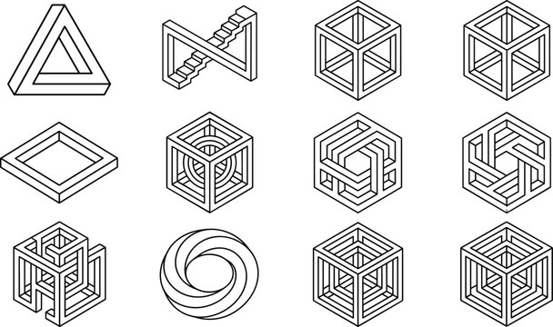 Set of impossible geometric shapes and optical illusions