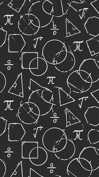 Seamless Vector Pattern of Hand-Drawn White Mathematical Symbols and Geometric Shapes on a Dark Background, Featuring Pi, Square Roots, Circles, Triangles, and Equations for Science Education.