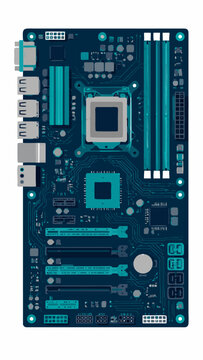 Modern flat design vector illustration of a high-tech computer motherboard with detailed circuit traces, CPU socket, RAM slots, and electronic components in a sleek blue and teal color palette.