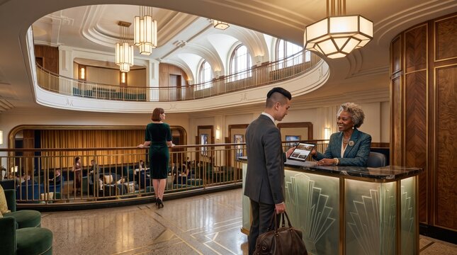 Elegant businessman check in at luxury hotel reception concierge desk in art deco lobby interior. Concept of service.