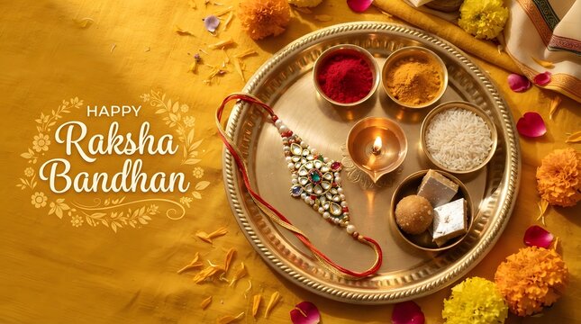 Traditional raksha bandhan celebration with a decorative rakhi, diya, sweets, rice, and vermilion on a brass plate over a yellow background