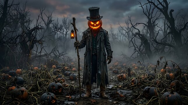 A spooky pumpkin headed character wearing a top hat and long coat standing in a dark misty forest
