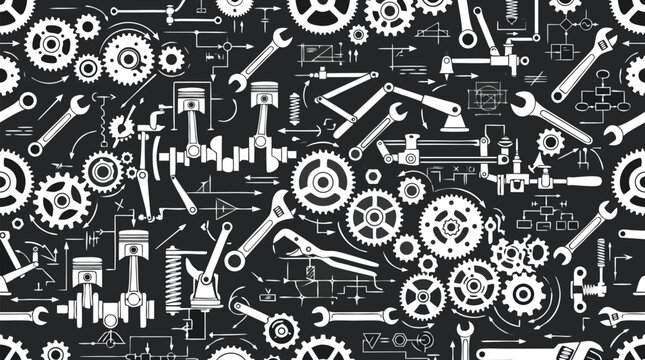 Seamless Vector Pattern of Mechanical Gears, Pistons, Wrenches, and Technical Schematics Drawn in White Chalk on a Dark Blackboard Background; Industrial Engineering and Machinery Blueprint.