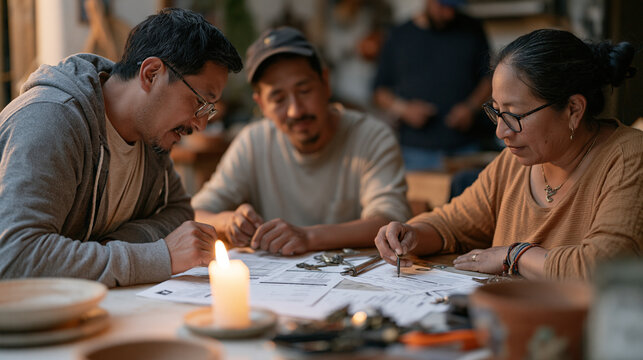 A locksmith family gathers by candlelight around a kitchen table engraving key blanks by hand, freight forwarding invoices spread among the tools as the family business navigates