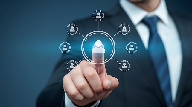 Professional business photo of hand touching digital network interface