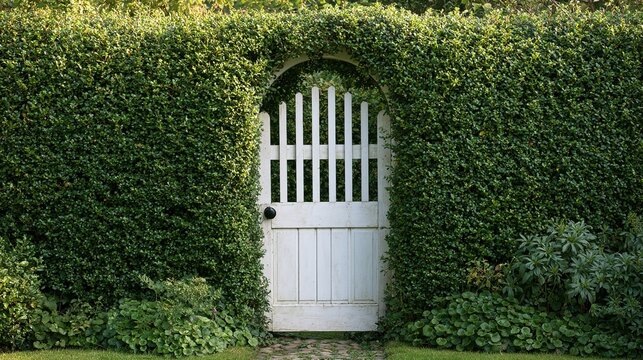 Serene front view of white gate and privet hedge in soft light, symbolizing personal boundary and healing sanctuary