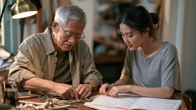 An elderly umbrella repair craftsman and his adult daughter huddle under candlelight at a wooden worktable fixing broken canopy frames, open shipping manifests beside them
