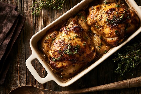 Roasted chicken thighs with fresh thyme herbs in a ceramic baking dish on a rustic dark wooden table background