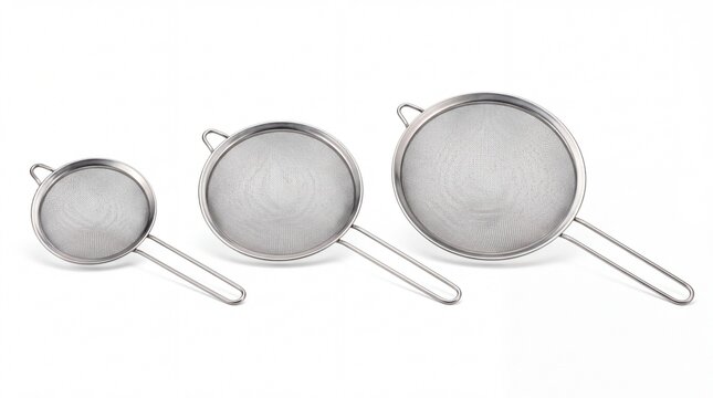 Three stainless steel kitchen sieves arranged in a row with different sizes for cooking tools showcased on white background
