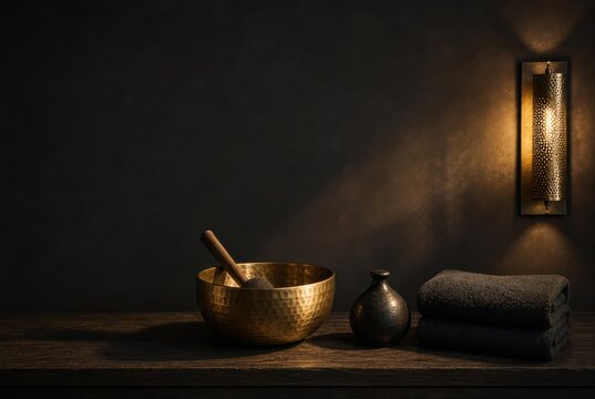 Sound Bath Spa Still Life with Singing Bowl and Towels