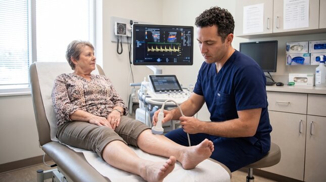 Male doctor performing leg ultrasound exam on senior female patient in modern medical clinic office. Concept of scan.