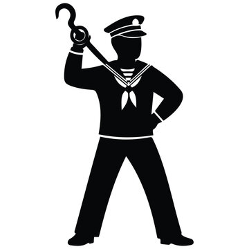 Sailor with hook vector silhouette illustration line art for maritime or pirate design.