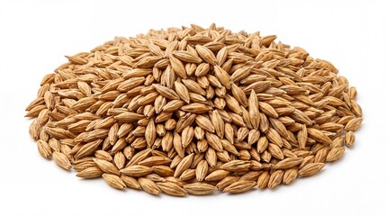 Fototapeta premium Pile of raw organic golden barley grains showcasing detailed texture and natural harvest quality captured in high resolution on white background