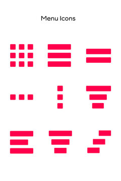 Set of red menu and navigation icons including hamburger, fries, kebab, meatballs, grid, and list menu symbols for websites, mobile apps, UI design, dashboards, and navigation systems. Transparent PNG