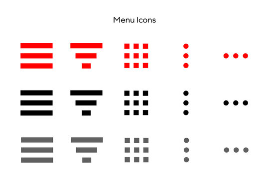 Set of red, black, and gray menu navigation icons including hamburger, bento, kebab, meatballs. Collection of symbols for websites, apps, UI design, dashboards, and navigation. Isolated PNG