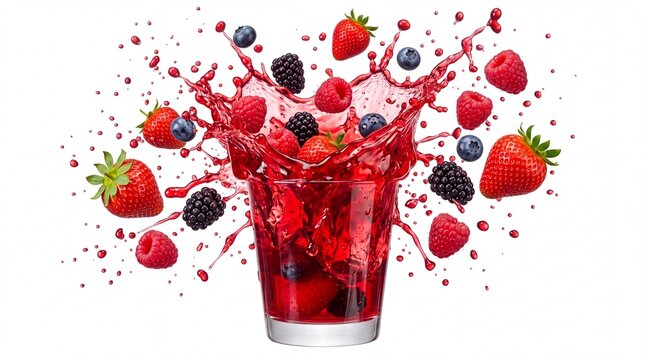 Fresh mixed berry fruit juice splashing out of a clear glass cup with vibrant motion and energetic droplets on white background