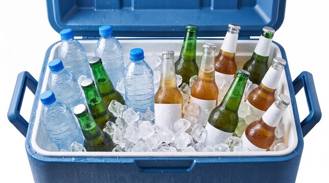 Blue cooler box filled with refreshing water bottles and chilled glass beer bottles submerged in fresh crushed ice on white background