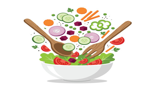 Flat vector illustration of a fresh salad bowl with flying ingredients including lettuce tomatoes cucumbers onions carrots and wooden servers