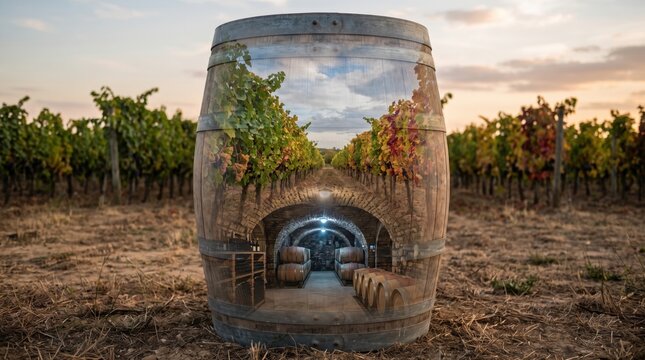 Double exposure wooden wine barrel with vineyard landscape and underground cellar. Concept of winemaking, wine background, grape vineyard, oak barrel.