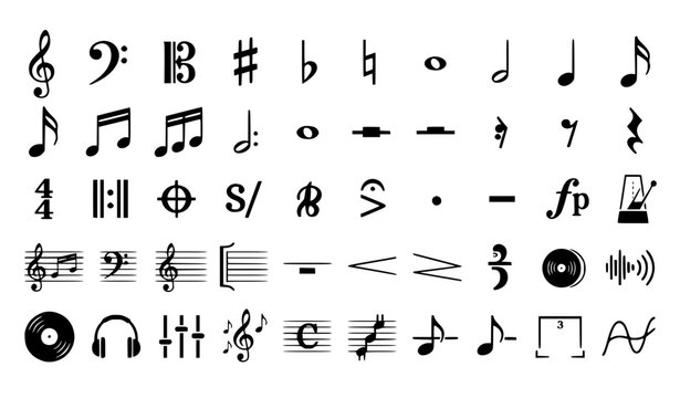 Music notes and musical notation icons set with treble clef, notes, rests and rhythm symbols vector illustration