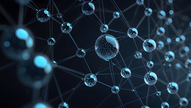 Glass molecular lattice structure with water drops and connected spheres science background 3D render for corporate stock photo presentation website background header element
