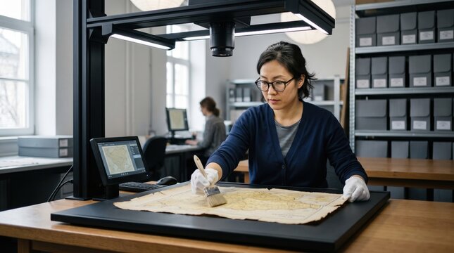 Asian female conservator digitizing vintage map with professional scanner in modern archive laboratory. Concept of restoring, ancient, art restoration, document preservation, museum conservator.
