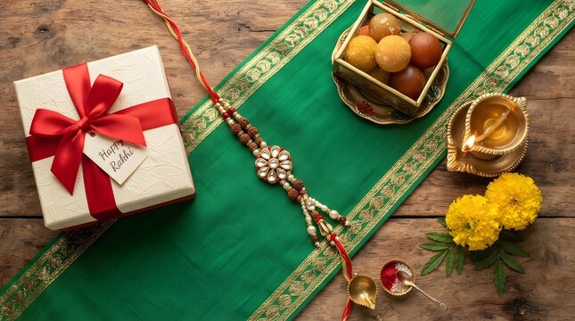 Raksha bandhan celebration with a traditional rakhi, sweets, diya, and a gift box on a wooden table with marigold flowers