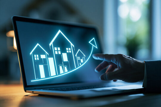 A businessman touching a laptop screen displaying glowing real estate growth charts with houses and an upward arrow. Housing market and property investment concept for financial.