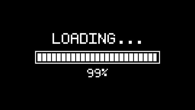 Retro pixel loading bar reaches 100 percent. Blocky 8-bit progress fills on black background. A nostalgic arcade-style loading animation.