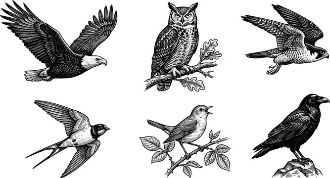 Vintage Birds of Prey and Songbirds Linocut Illustration Set with Bald Eagle, Owl, Falcon, Raven, Swallow, and Nightingale Vectors for Retro Nature and Wildlife Graphic Layouts