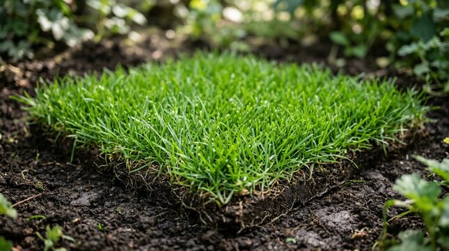 Close-up of square patch of lush green grass turf with visible blades and soil edge in natural daylight, fresh lawn texture in outdoor garden setting with soft bokeh background