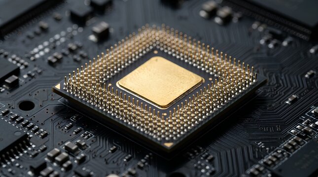 Close-up of square microprocessor with gold-plated center and silver pins resting on dark circuit board, high-tech electronic component, detailed macro view of modern computing hardware technology