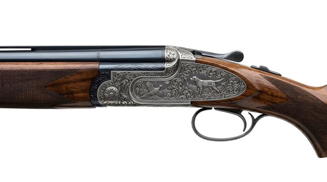 Close-up of ornate over-and-under double-barrel shotgun with engraved silver receiver, polished wood stock, and metal trigger guard isolated on white background