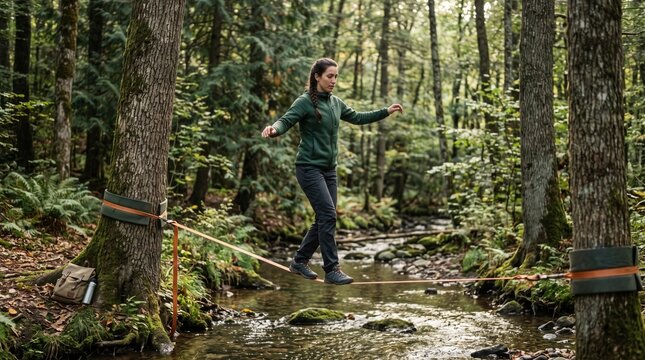 Young Woman Balancing on Slackline over Stream in Green Forest Adventure. Concept of active, slacklining, mountain, river, balance, outdoor adventure, obstacle crossing, active lifestyle.