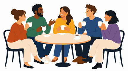 Fototapeta premium Diverse group of friends chatting and drinking coffee at a round cafe table, flat vector illustration with warm cozy atmosphere, social gathering concept