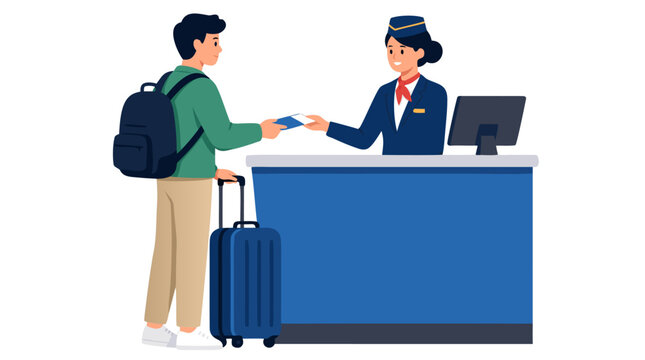 Flat vector illustration of a male traveler with a backpack and rolling suitcase checking in at an airport counter with a uniformed female staff member, handing over his passport for boarding.