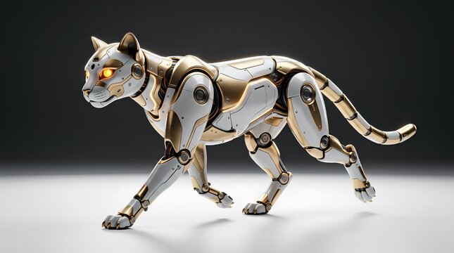 Sleek robotic cat figure with white and gold metallic body, glowing amber eyes, mid-stride on clean white studio background, futuristic mechanical feline design, 3D render