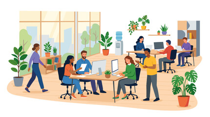 Fototapeta premium Modern open-plan office with diverse professional team working at desks with computers, collaborating, and walking in a bright workspace with large windows and indoor plants. Flat vector style.