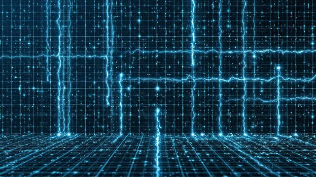 This abstract technology background showcases glowing electric pulses moving across a futuristic digital grid.
