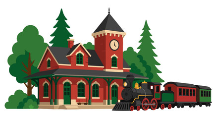 Fototapeta premium Vintage red brick railway station with a clock tower and a classic steam engine train pulling passenger cars, nestled among tall green trees, flat vector art isolated on white background.