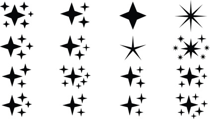 Fototapeta premium Sparkle star icons set representing magic glitter shining twinkling flare burst and clean decorative shapes
