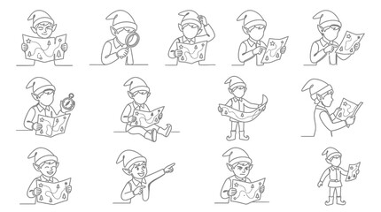 Fototapeta premium Set of Cute Elf Character Illustrations Holding Treasure Maps and Navigating Paths