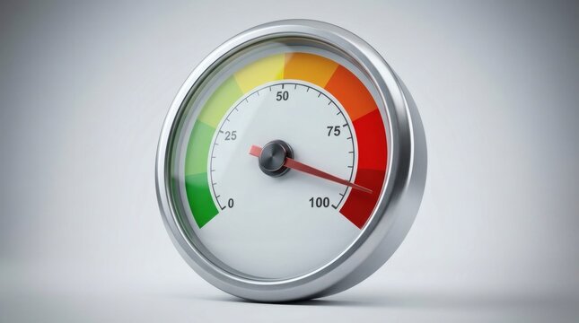 Performance Gauge with Red Needle. Industrial Speedometer Concept. Measurement Meter with Green Yellow and Red Zones. Dashboard Indicator for Success and Efficiency. Visual Symbol of Growth and