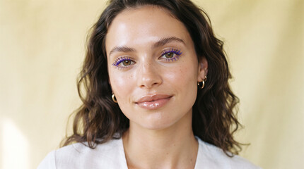 Naklejka premium A Radiant Beauty Portrait Featuring a Woman with Dewy, Sun Kissed Skin and Striking Violet-Purple Mascara Against a Soft Yellow Backdrop