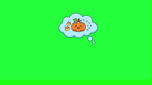 Cute cartoon pumpkin and candy corn thought bubble animation on autumn