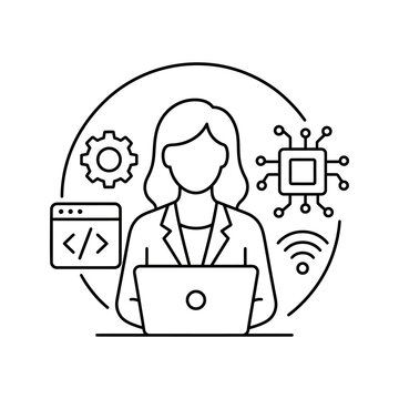Female programmer icon with laptop and coding symbols for web developer.