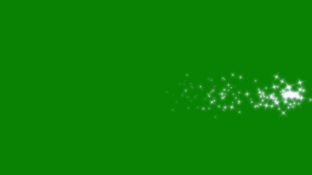 Glitter star sparkle effects as white cartoon blinking stars scatter across a glowing starlight dust line forming a shimmering doodle sparkle trail transition, green screen background 4k loop