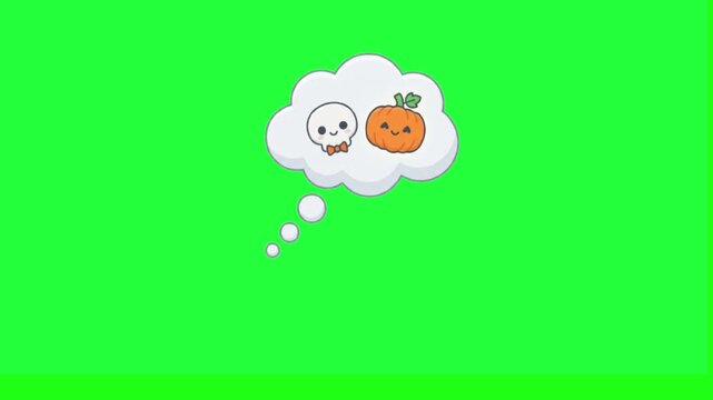 Cute cartoon skull and pumpkin in thought bubble animation on green 
